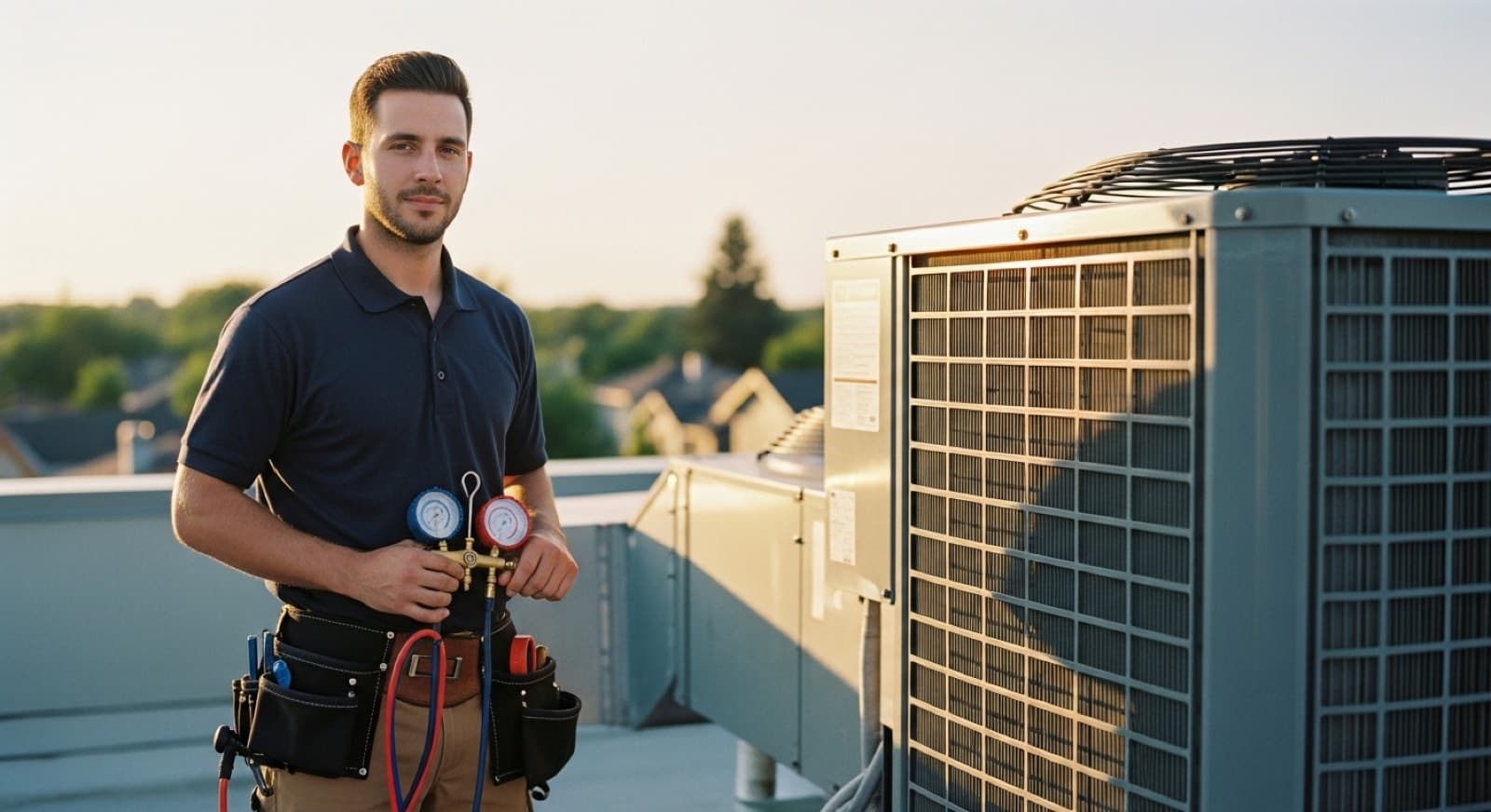 An HVAC technician on a suburban rooftop holding manifold gauges next to an outdoor condenser unit at golden hour